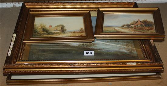 A H Bingley, w/c, landscape with sheep, F*C*, oil, lake scene & Goodwin, w/c. pair rural cottage scenes(-)